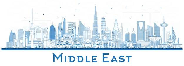 Outline Middle East City Skyline with Blue Buildings Isolated on White Vector Illustration Dubai