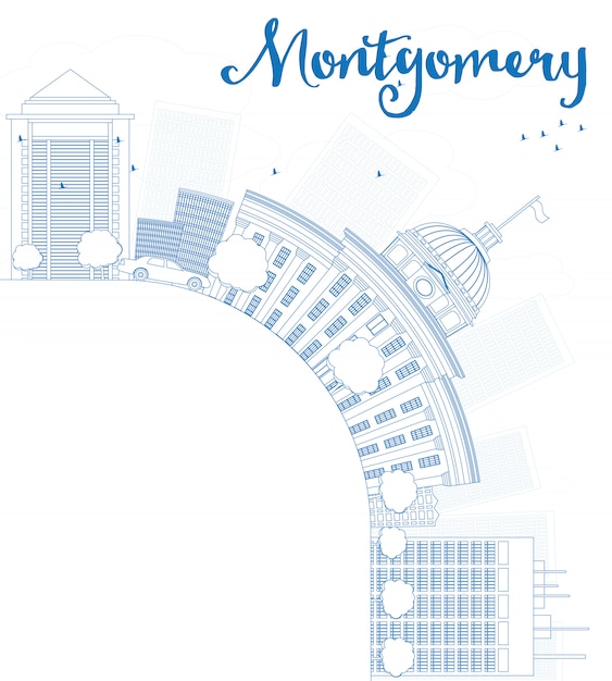 Outline Montgomery Skyline with Blue Building and copy space