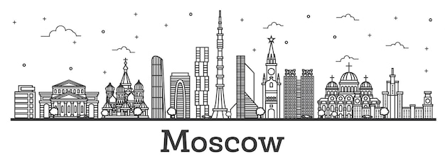 Outline Moscow Russia City Skyline with Modern and Historic Buildings Isolated on White. Vector Illustration. Moscow Cityscape with Landmarks.