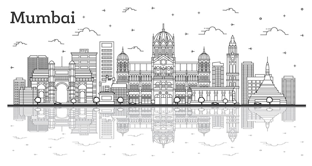 Outline Mumbai India City Skyline with Historic Buildings and Reflections Isolated on White