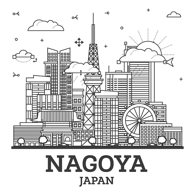 Outline Nagoya Japan City Skyline with Modern Buildings and Reflections Isolated on White Nagoya Cityscape with Landmarks