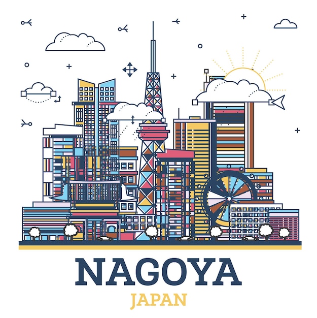 Outline Nagoya Japan City Skyline with Modern Colored Buildings Isolated on White Nagoya Cityscape with Landmarks