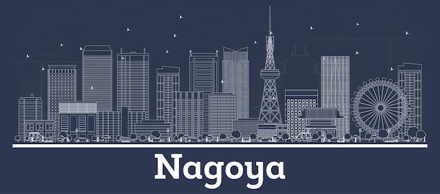 Outline Nagoya Japan City Skyline with White Buildings. Vector Illustration. Business Travel and Concept with Modern Architecture. Nagoya Cityscape with Landmarks.