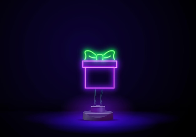 Vector outline neon gift box icon glowing neon gift box frame with crown sign royal present pictogram