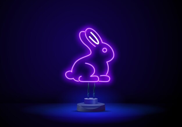 Vector outline neon lunar rabbit icon glowing neon cute bunny silhouette easter hare pictogram