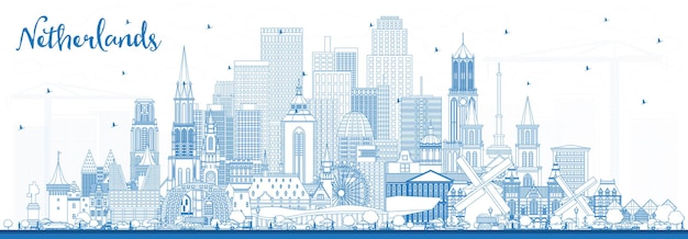 Outline Netherlands Skyline with Blue Buildings. Vector Illustration. Tourism Concept with Historic Architecture. Cityscape with Landmarks. Amsterdam. Rotterdam. The Hague. Utrecht.