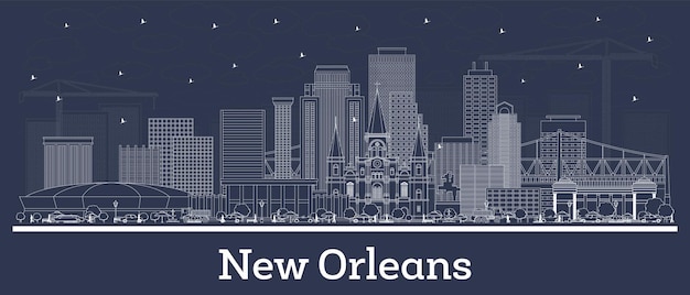 Vector outline new orleans louisiana city skyline with white buildings vector illustration business travel and tourism concept with historic architecture new orleans cityscape with landmarks