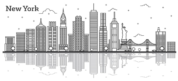 Outline New York USA City Skyline with Modern Buildings Isolated on White. Vector Illustration. New York Cityscape with Landmarks with Reflections.