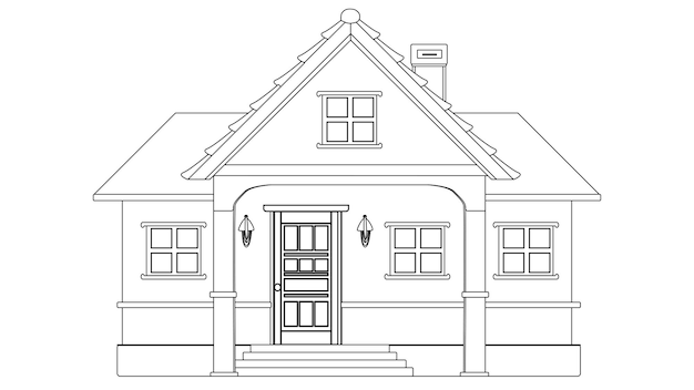 Outline of onestory house with porch and canopy isolated on white background Vector clipart