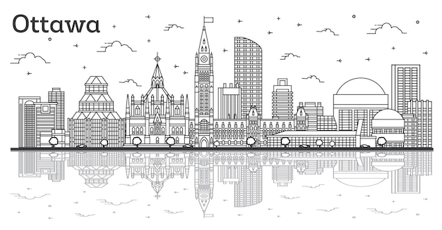 Outline Ottawa Canada City Skyline with Modern Buildings and Reflections Isolated on White. Vector Illustration. Ottawa Cityscape with Landmarks.