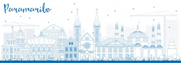 Outline Paramaribo Skyline with Blue Buildings. Vector Illustration. Business Travel and Tourism Concept with Modern Architecture. Image for Presentation Banner Placard and Web Site.