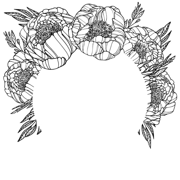 Outline peony wreath Vector illustration on white background for card invitation