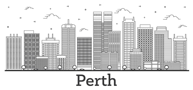 Outline Perth Australia City Skyline with Modern Buildings Isolated on White