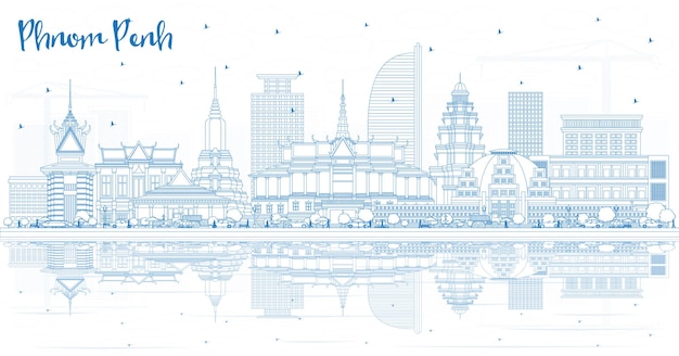 Outline Phnom Penh Cambodia City Skyline with Blue Buildings and Reflections. Vector Illustration. Business Travel and Tourism Concept with Historic Architecture. Phnom Penh Cityscape with Landmarks.