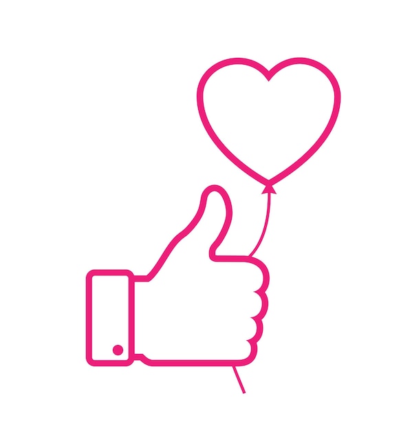 Outline Pink thumb up icon with pink heart balloon Valentine's day card concept Valentines day icon