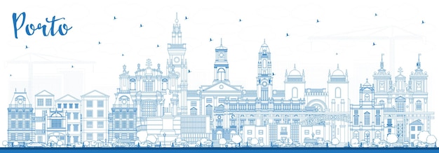 Outline Porto Portugal City Skyline with Blue Buildings