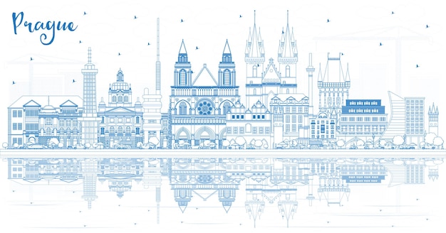 Outline Prague Czech Republic City Skyline with Blue Buildings and Reflections