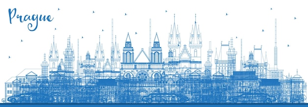 Outline Prague Czech Republic City Skyline with Blue Buildings