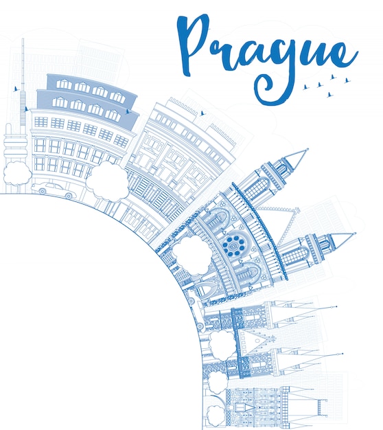 Outline Prague skyline with blue landmarks and copy space. 