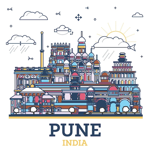 Outline Pune India City Skyline with Colored Historic Buildings Isolated on White Pune Maharashtra Cityscape with Landmarks