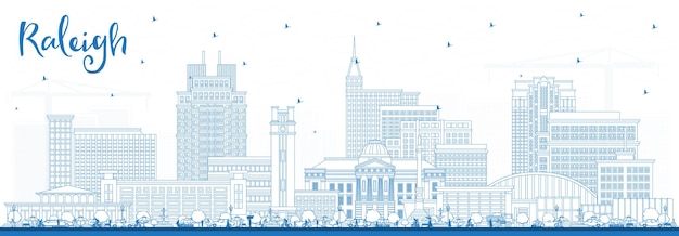 Outline Raleigh North Carolina City Skyline with Blue Buildings