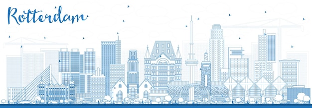 Outline Rotterdam Netherlands Skyline with Blue Buildings. Vector Illustration. Business Travel and Tourism Concept with Modern Architecture.