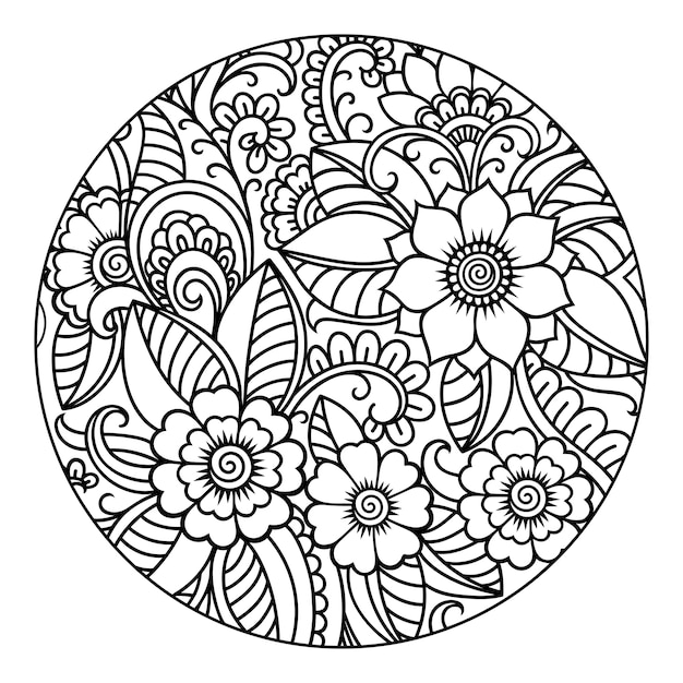 Outline round floral pattern for coloring the book page. Doodle in black and white.