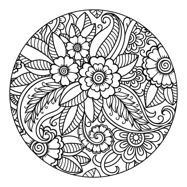 Outline round flower pattern in mehndi style for coloring book page. Antistress for adults and children. Doodle ornament in black and white. Hand draw vector illustration.