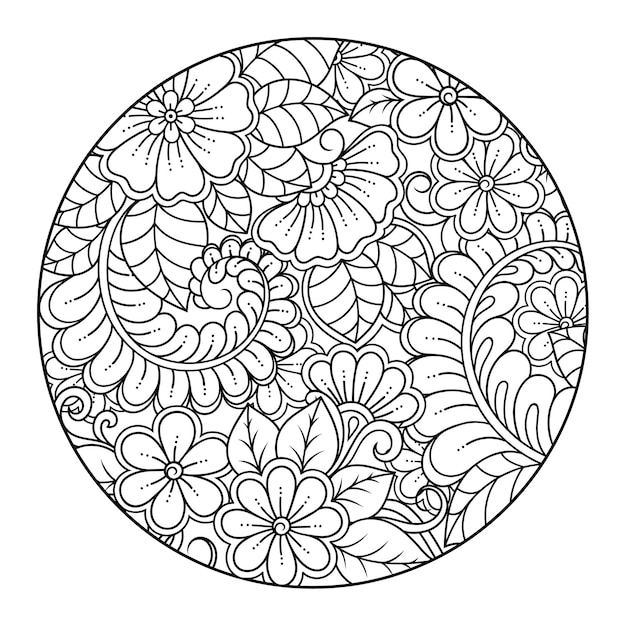 Outline round flower pattern in mehndi style for coloring book page. Doodle ornament in black and white. Hand draw   illustration.