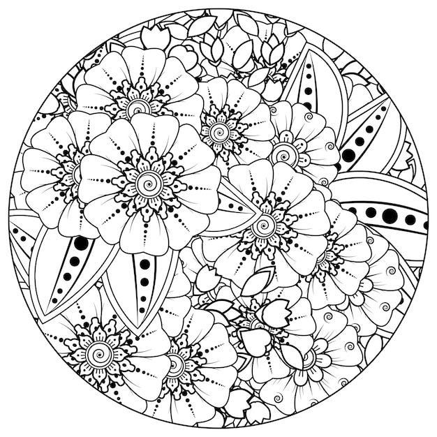 Outline round flower pattern in mehndi style for coloring book page doodle ornament in black and white hand draw illustration