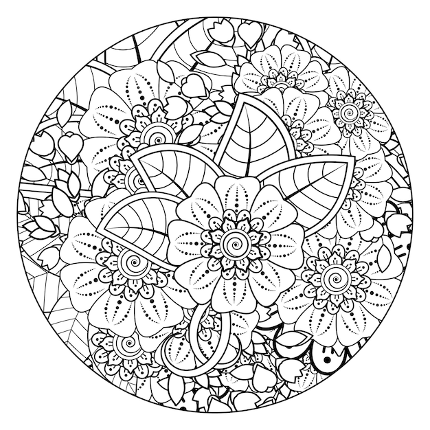 Outline round flower pattern in mehndi style for coloring book page doodle ornament in black and white hand draw illustration