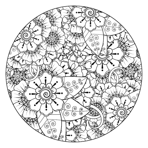 Outline round flower pattern in mehndi style for coloring book page doodle ornament in black and white hand draw illustration