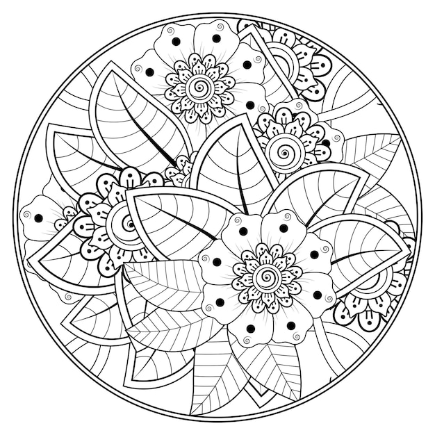 Outline round flower pattern in mehndi style for coloring book page doodle ornament in black and white hand draw illustration