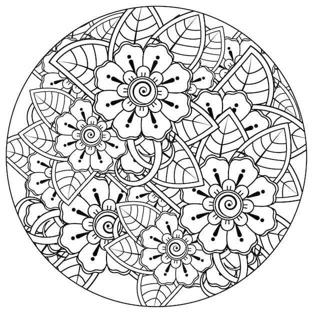 Outline round flower pattern in mehndi style for coloring book page doodle ornament in black and white hand draw illustration