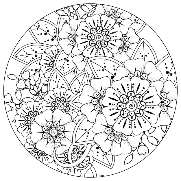 Outline round flower pattern in mehndi style for coloring book page doodle ornament in black and white hand draw illustration