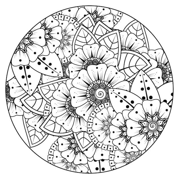 Outline round flower pattern in mehndi style for coloring book page doodle ornament in black and white hand draw illustration