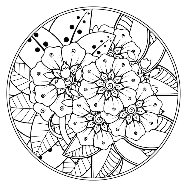 Outline round flower pattern in mehndi style for coloring book page doodle ornament in black and white hand draw illustration