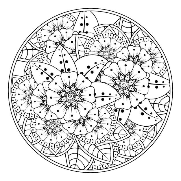 Outline round flower pattern in mehndi style for coloring book page doodle ornament in black and white hand draw illustration