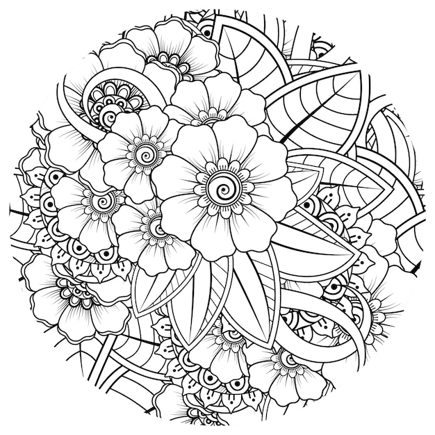 Outline round flower pattern in mehndi style for coloring book page doodle ornament in black and white hand draw illustration