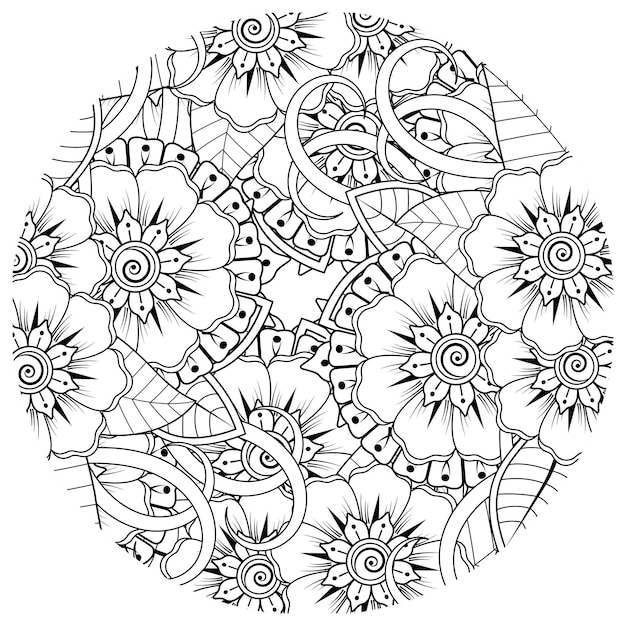 Outline round flower pattern in mehndi style for coloring book page doodle ornament in black and white hand draw illustration