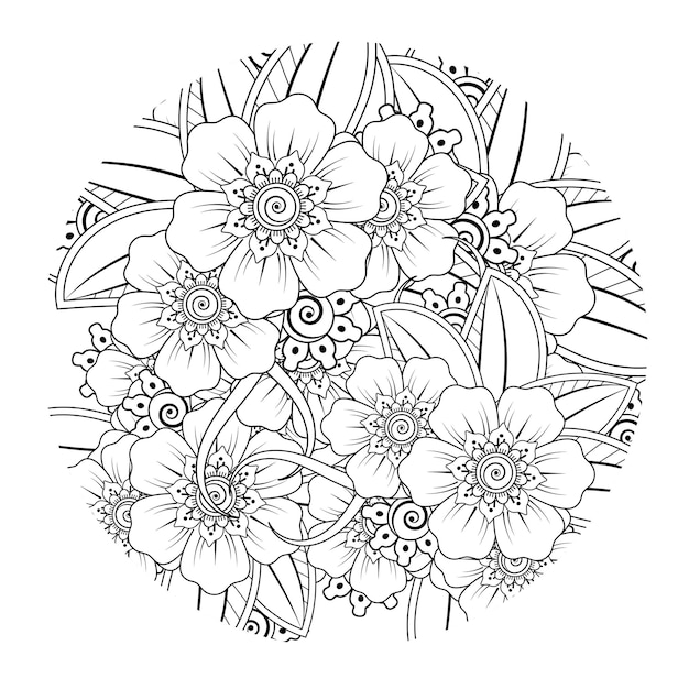 Outline round flower pattern in mehndi style for coloring book page doodle ornament in black and white hand draw illustration