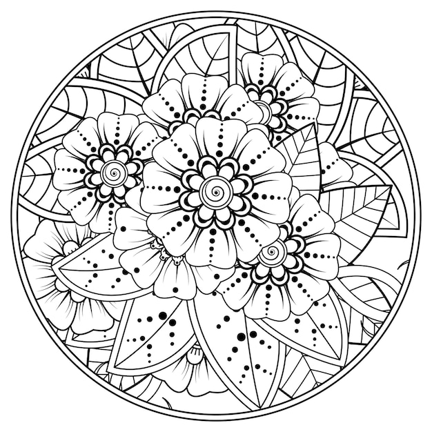 outline round flower pattern in mehndi style for coloring book page