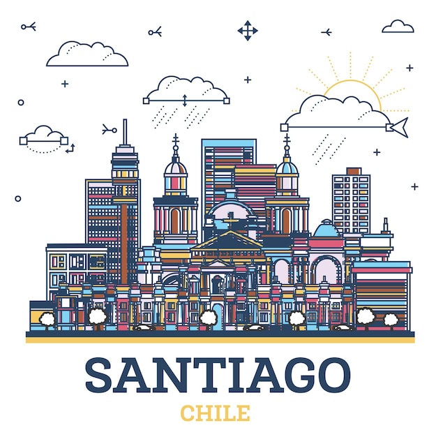 Outline Santiago Chile City Skyline with Colored Modern and Historic Buildings Isolated on White Santiago Cityscape with Landmarks