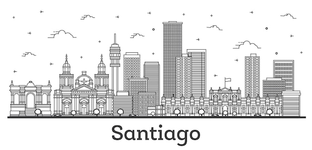 Outline Santiago Chile City Skyline with Modern Buildings and Reflections Isolated on White