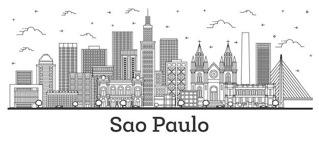 Outline Sao Paulo Brazil City Skyline with Modern Buildings and Reflections Isolated on White