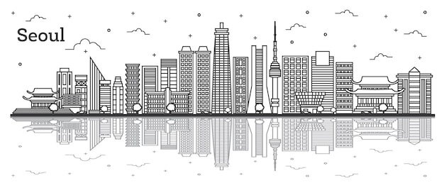 Outline Seoul South Korea City Skyline with Modern Buildings and Reflections Isolated on White. Vector Illustration. Seoul Cityscape with Landmarks.