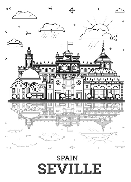 Outline Seville Spain City Skyline with Historic Buildings and reflections Isolated on White Illustration Seville Cityscape with Landmarks