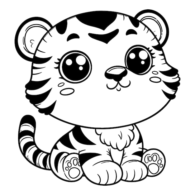 Outline simple cute tiger black and white vector illustrations