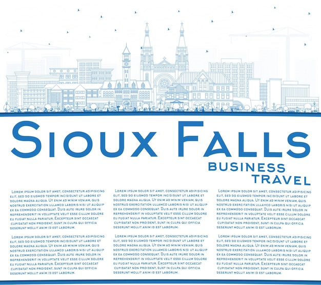 Outline Sioux Falls South Dakota City Skyline with Blue Buildings and Copy Space