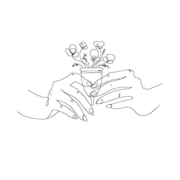 Outline sketch illustrationMenstrual cup with flowers in female hands hand drawnVector